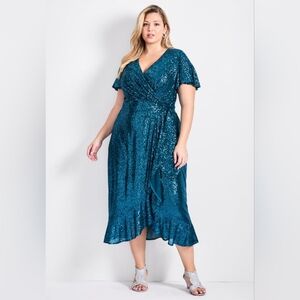 NEW NWT Avenue Plus Size Elegant Teal Sequin Wrap Dress Sz 22/24